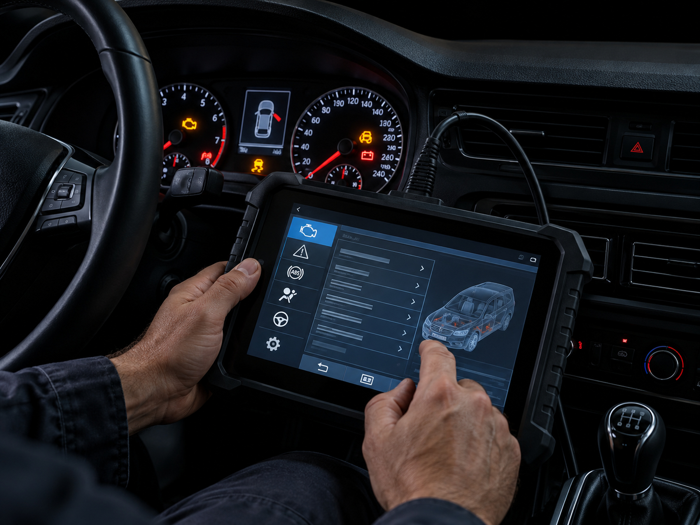 écran de valise de diagnostic connecté à un tableau de bord, voyants allumés